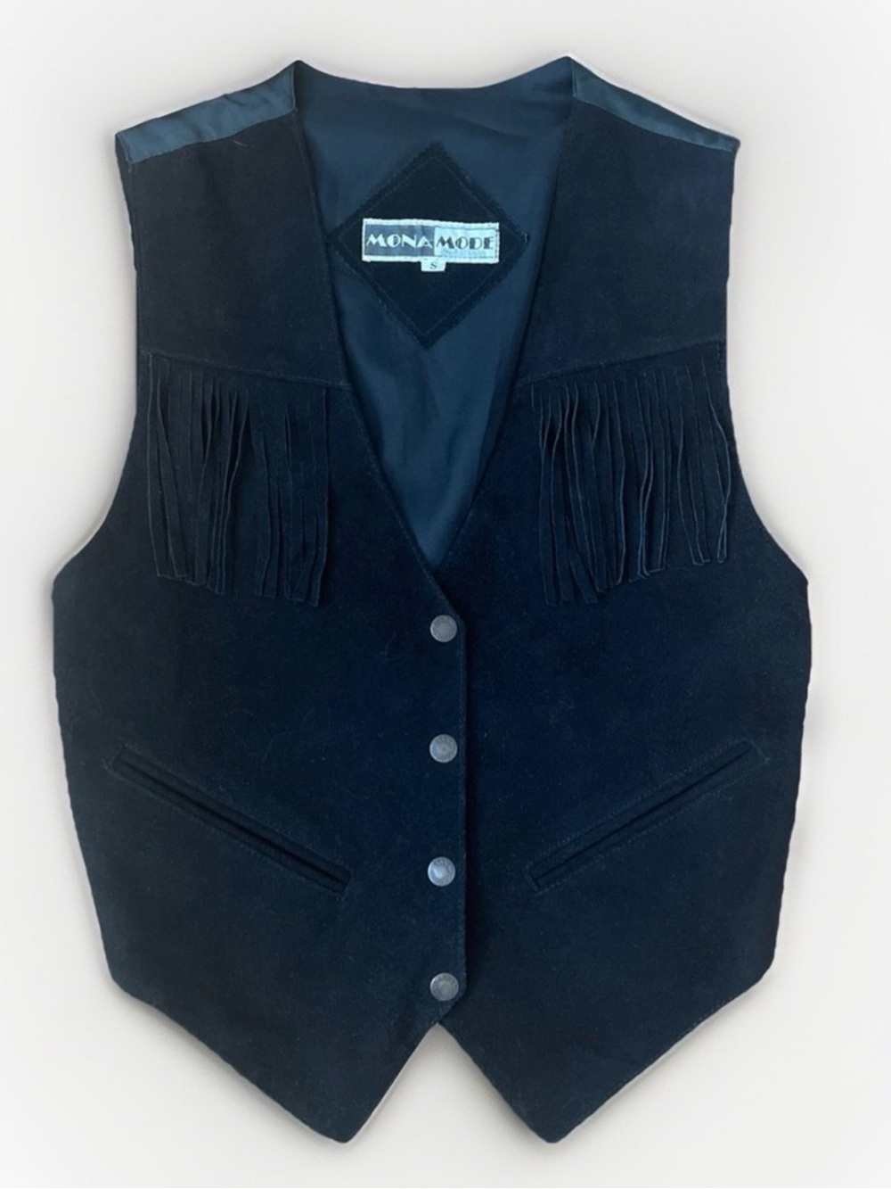 Vintage Suede Western Black Suede Vest w/ Fringe 
Mona Moda